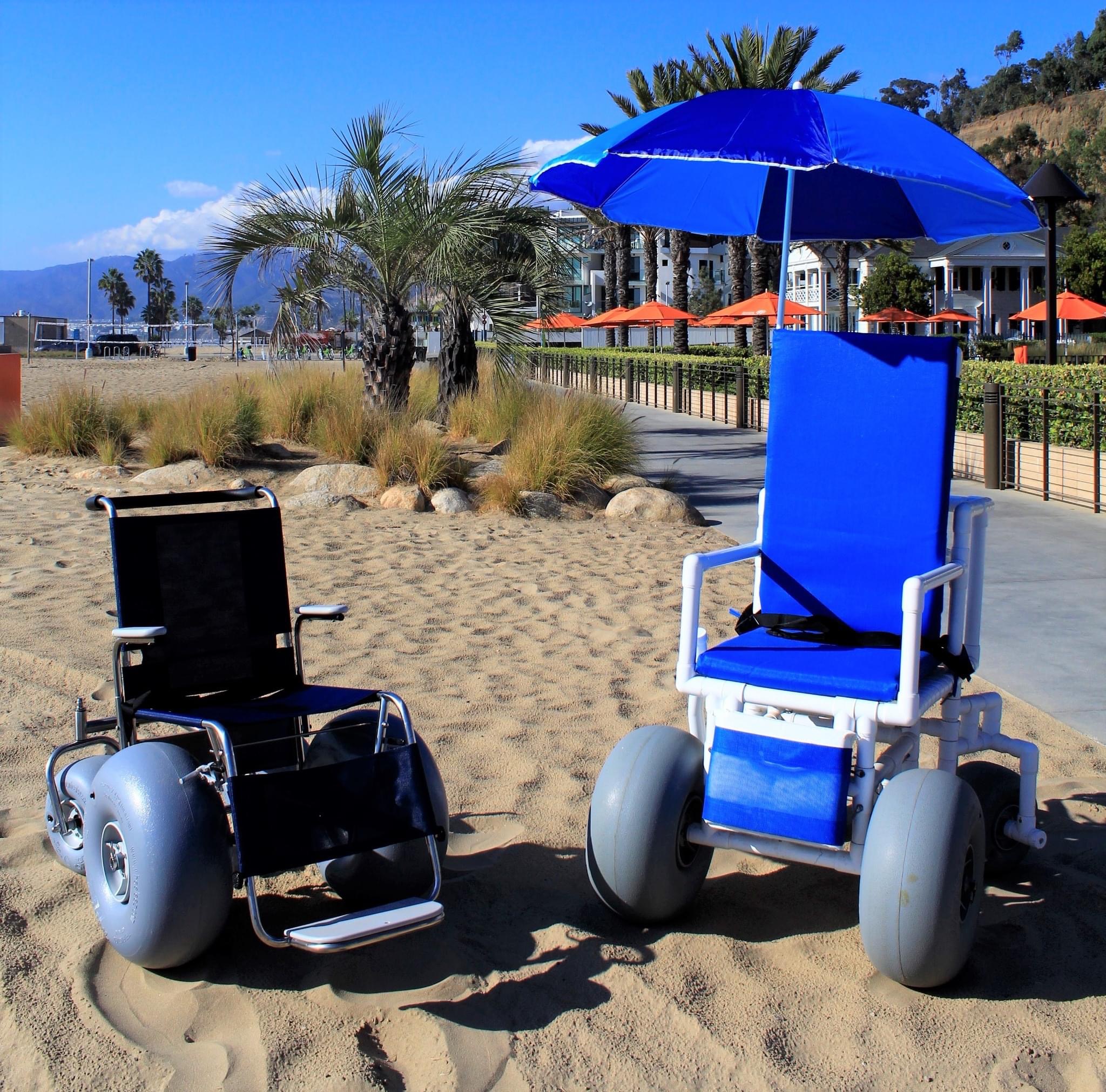 accessible beach chairs with large balloon tires available to rent