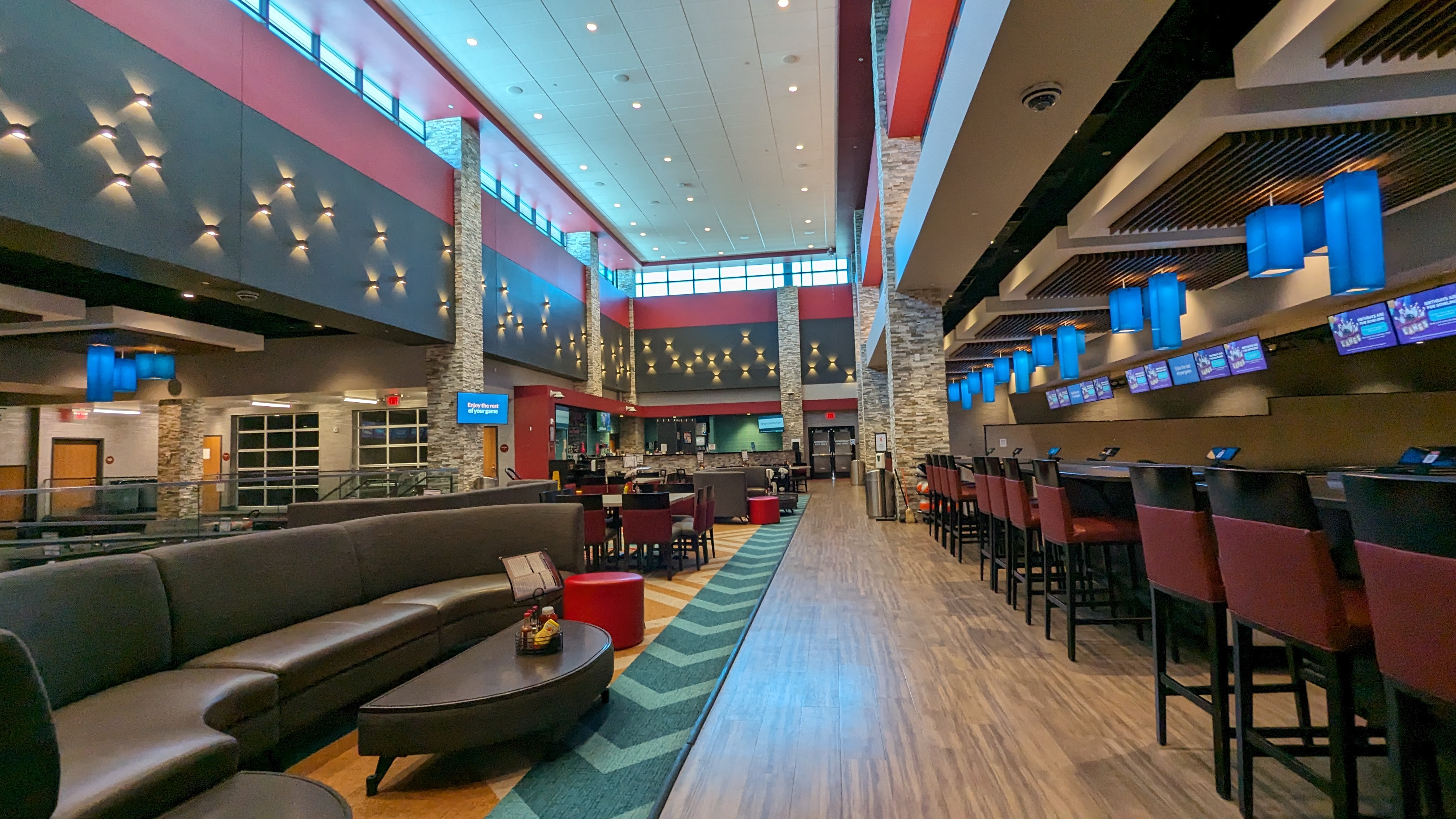 Bowling alley seating area and bar