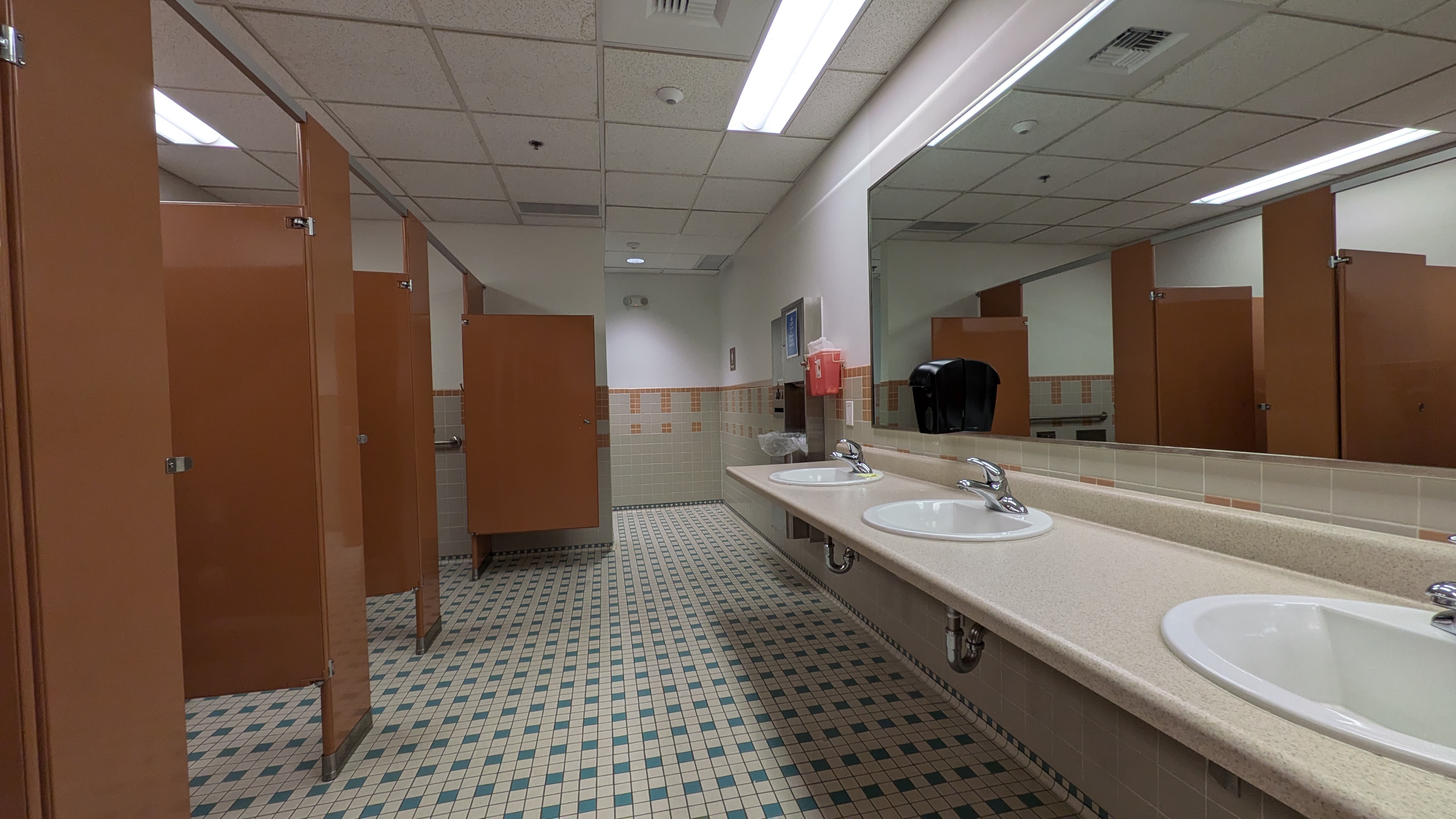 restroom sinks and stalls