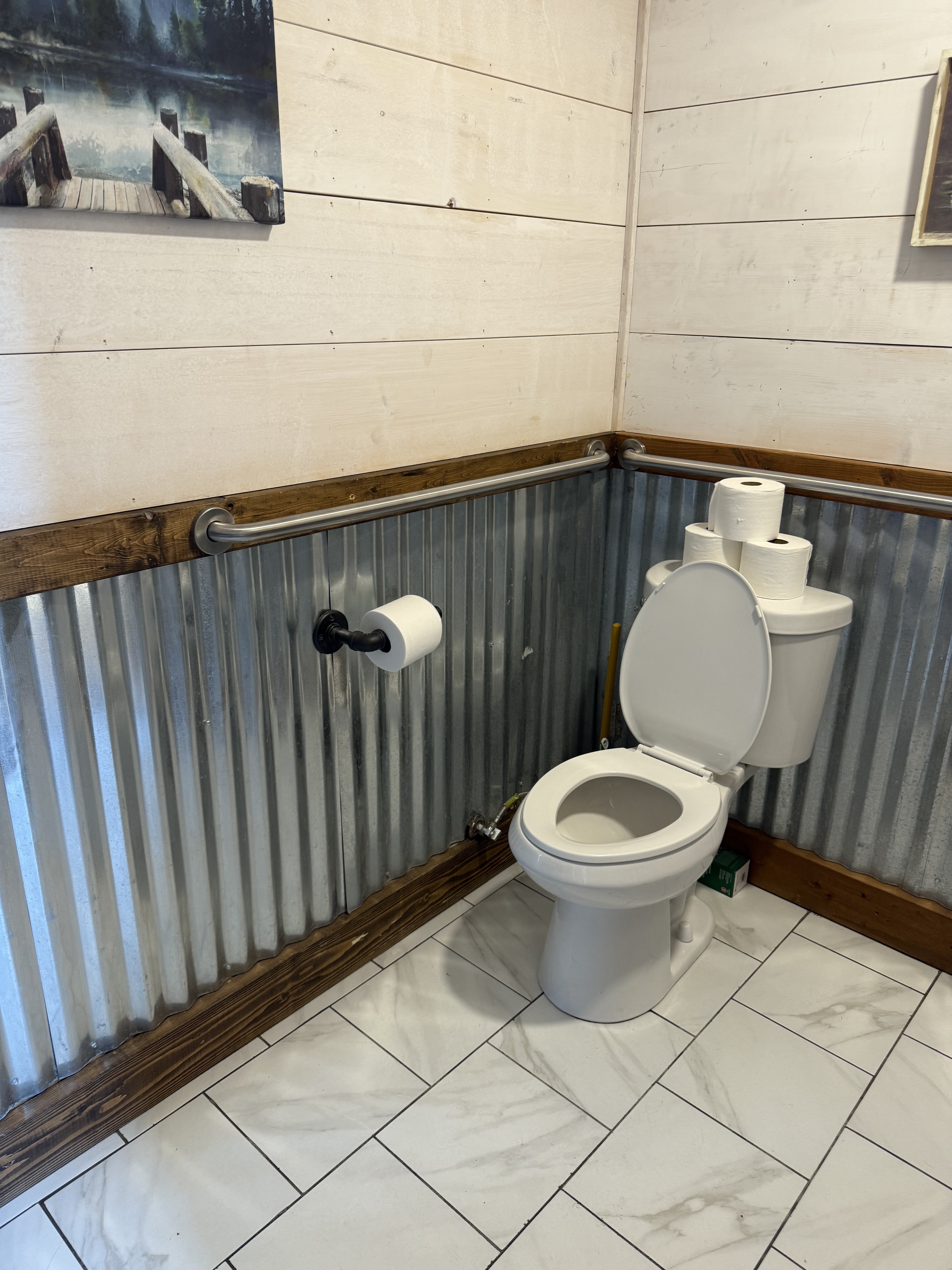 toilet in accessible restroom, grab bars are on the left and behind